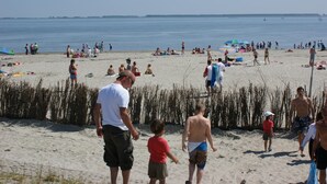 Een strand met mensen die zonnebaden en wandelen.