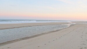 Une plage avec un large rivage sablonneux et des vagues douces.