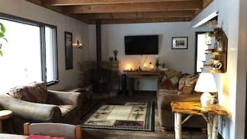 TV connectée, cheminée, livres