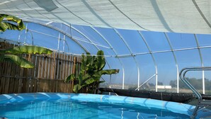A swimming pool under a greenhouse structure with a wooden fence in the background.