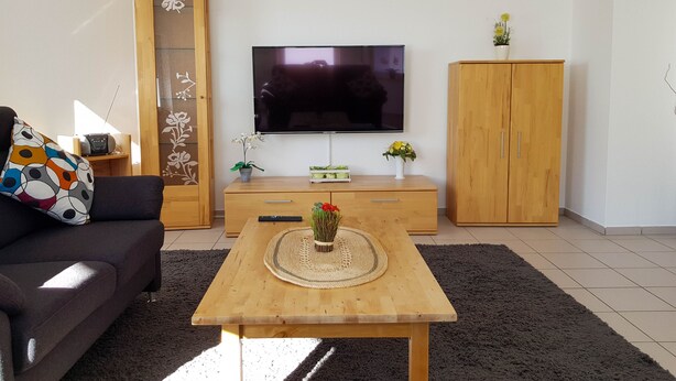 Un salon comprenant un canapé, une table basse, un téléviseur, un meuble et une plante décorative.