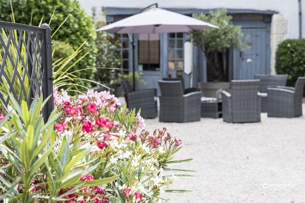 Terrace/patio - Grand Gite des Trois Mousquetaires Swimming pools and reception room. (LAAS)