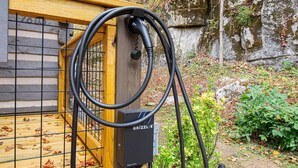 Ein tragbarer Elektrogenerator mit dem Aufdruck "GRIZZLE", montiert auf einem Holzpfosten mit einer aufgewickelten Kabeltrommel.