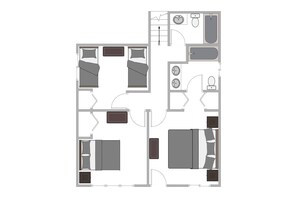 A hotel room layout with two beds, a bathroom, and a small sitting area. - Glades Getaway by Tahoe Getaways- North Shore 3 BR - Dog OK (Carnelian Bay)
