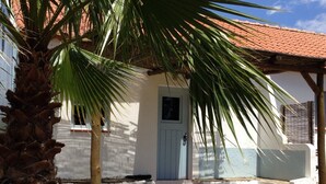 A white building with a blue door, a palm tree, and a tiled roof. - Nice country studio for 2-4p., shared pool, countryside&beach (20 km) (cercal do alentejo)