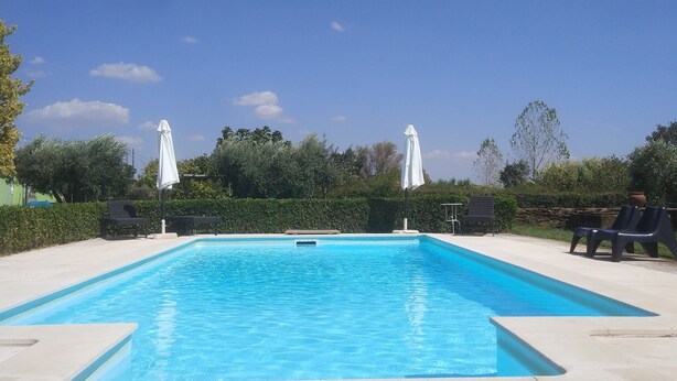 A rectangular swimming pool with clear blue water, surrounded by a concrete deck. There are two white umbrellas and several lounge chairs along the poolside. - Nice country studio for 2-4p., shared pool, countryside&beach (20 km) (cercal do alentejo)