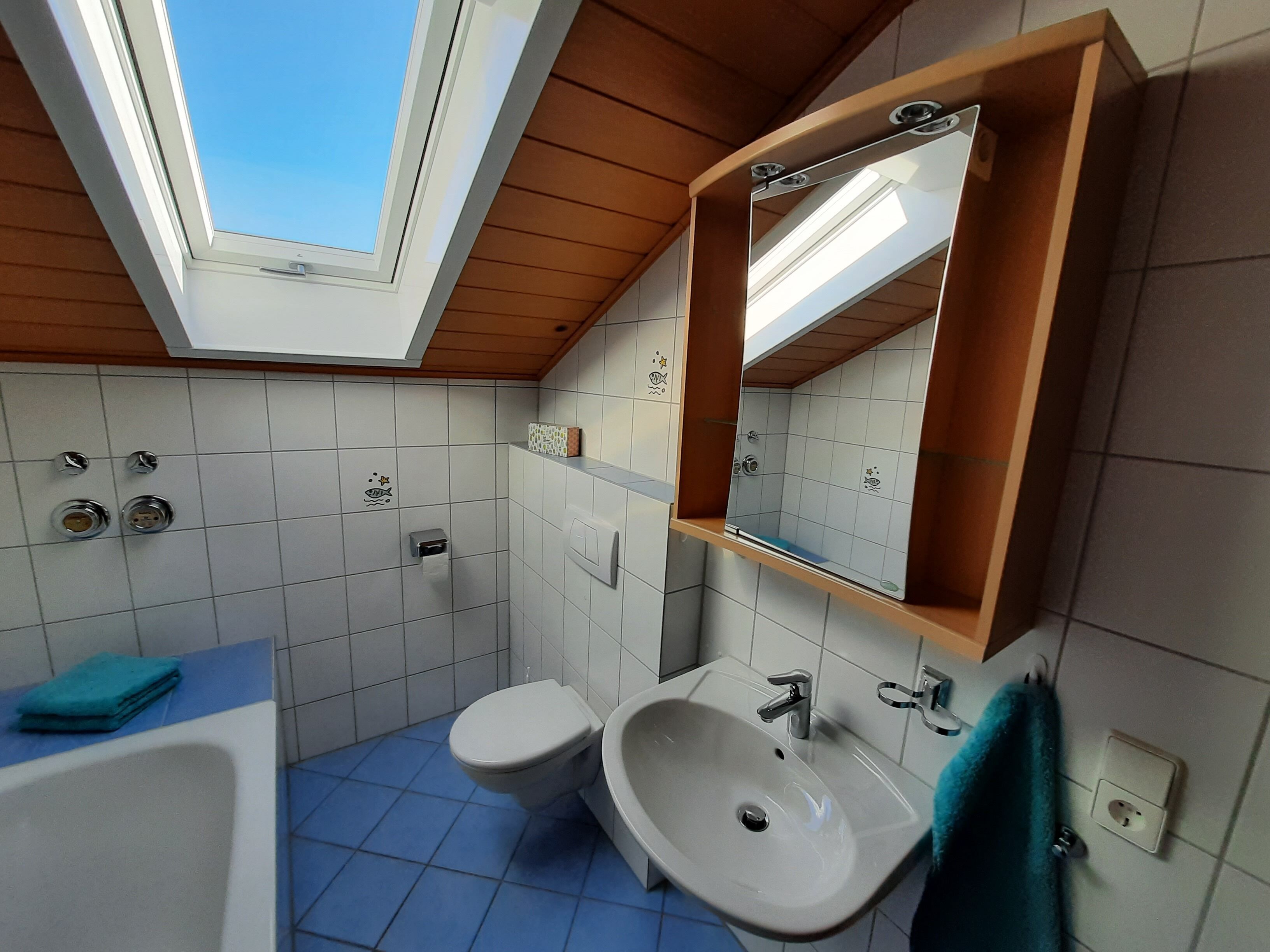 Duschwanne, Haartrockner, Handtücher, Toilettenpapier