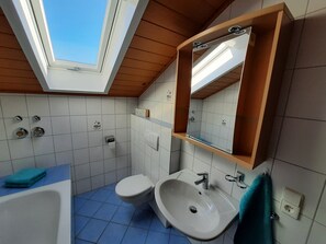 Combined shower/tub, hair dryer, towels, toilet paper