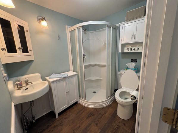 A bathroom with a shower, sink, toilet, and storage cabinets. - Waterfront Cottage on Cove with Private Dock, Kayaks & Fire Pit (Boothbay)
