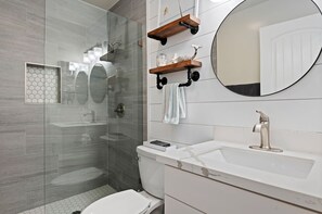 Shower, rainfall showerhead, hair dryer