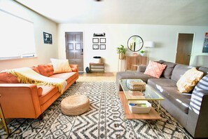 Smart TV, fireplace, books