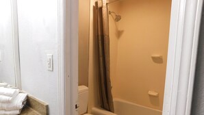 A bathroom with a toilet, a bathtub, and a shower curtain.