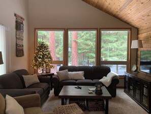 Een smart-tv, een open haard, een dvd-speler en boeken