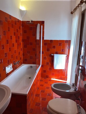 Ducha y bañera combinadas, secador de pelo, bidé y toallas