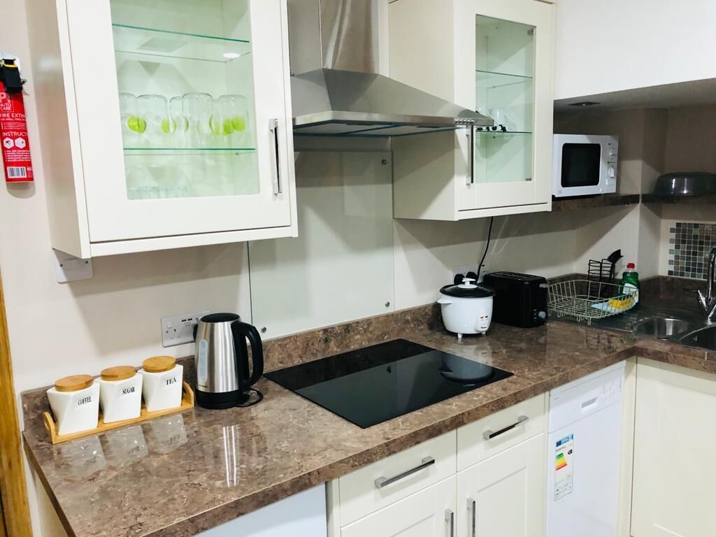 Una cocina con una placa de inducción negra, un microondas, un hervidor de agua y una cafetera. Hay armarios con puertas de vidrio y un lavamanos.