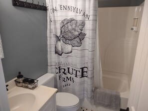 Bañera con ducha, secador de pelo, toallas, jabón