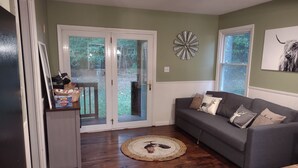 TV connectée, cheminée, lecteur de DVD, livres
