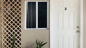 Eine Tür mit der Aufschrift 2, ein Fenster mit Vorhang und zwei Blumentöpfe.