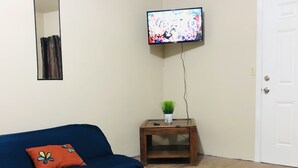 Ein Wohnzimmer mit einem blauen Sofa, einem schwarzen Teppich, einem kleinen Holztisch mit einer Pflanze, einem Fernseher an der Wand und einer weißen Tür.