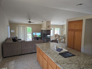 Smart TV, fireplace, DVD player, books
