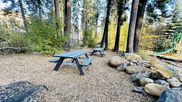 A picnic area with benches and a playground. - SPECIAL DISCOUNT on Penthouse in NorthstarVillage,a wonderful getaway (Truckee)