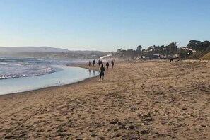 A beach with people walking along the shore.