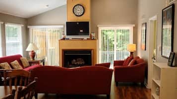 Smart TV, fireplace, books