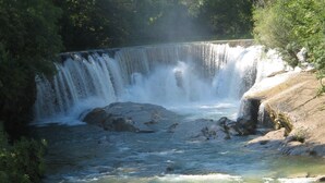 Une cascade se jetant dans une rivière, le tout entouré d’une végétation luxuriante.