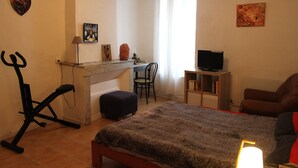 Une chambre à coucher comprenant un lit, un bureau avec une chaise, un téléviseur et un appareil de musculation.