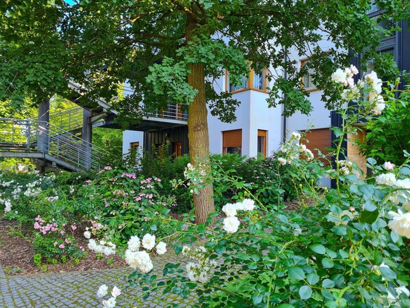 Un bâtiment moderne doté d’un jardin, d’un pont et d’un arbre.