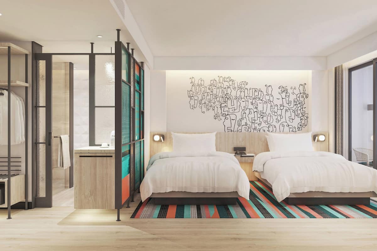 aloft double room, room, 2 double beds, non smoking, balcony | in-room safe, desk, iron/ironing board, bed sheets