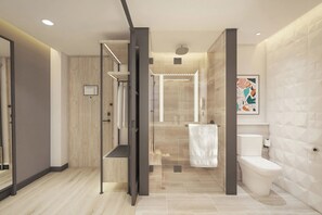 A modern bathroom with a glass-enclosed shower, a toilet, and a towel rack. - Aloft by Marriott Bali Kuta at Beachwalk (Kuta)