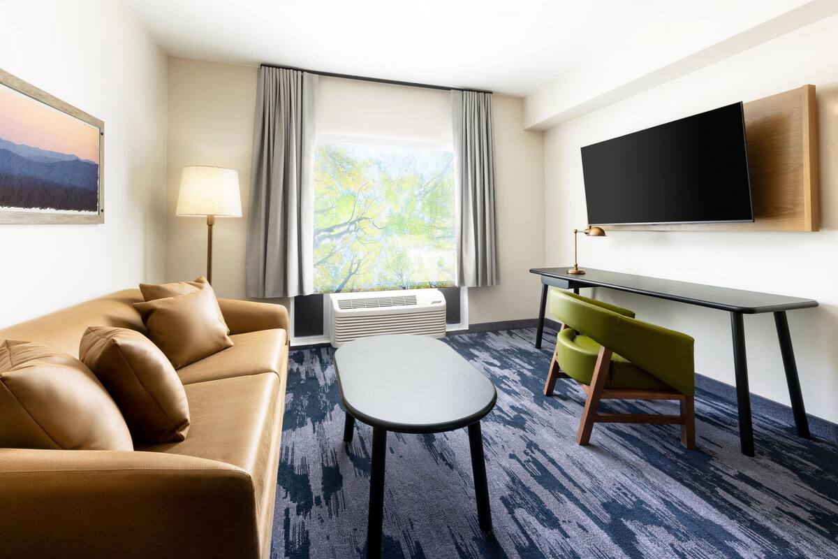 Ein Hotelzimmer mit braunem Ledersofa, einem kleinen runden Tisch, einem grünen Sessel, einem flachbildfernseher an der Wand und einem Fenster mit Vorhängen.