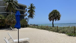 Ein Strand mit weißen Liegestühlen und einem blauen Sonnenschirm, Palmen und ein Gebäude mit Balkonen im Hintergrund.