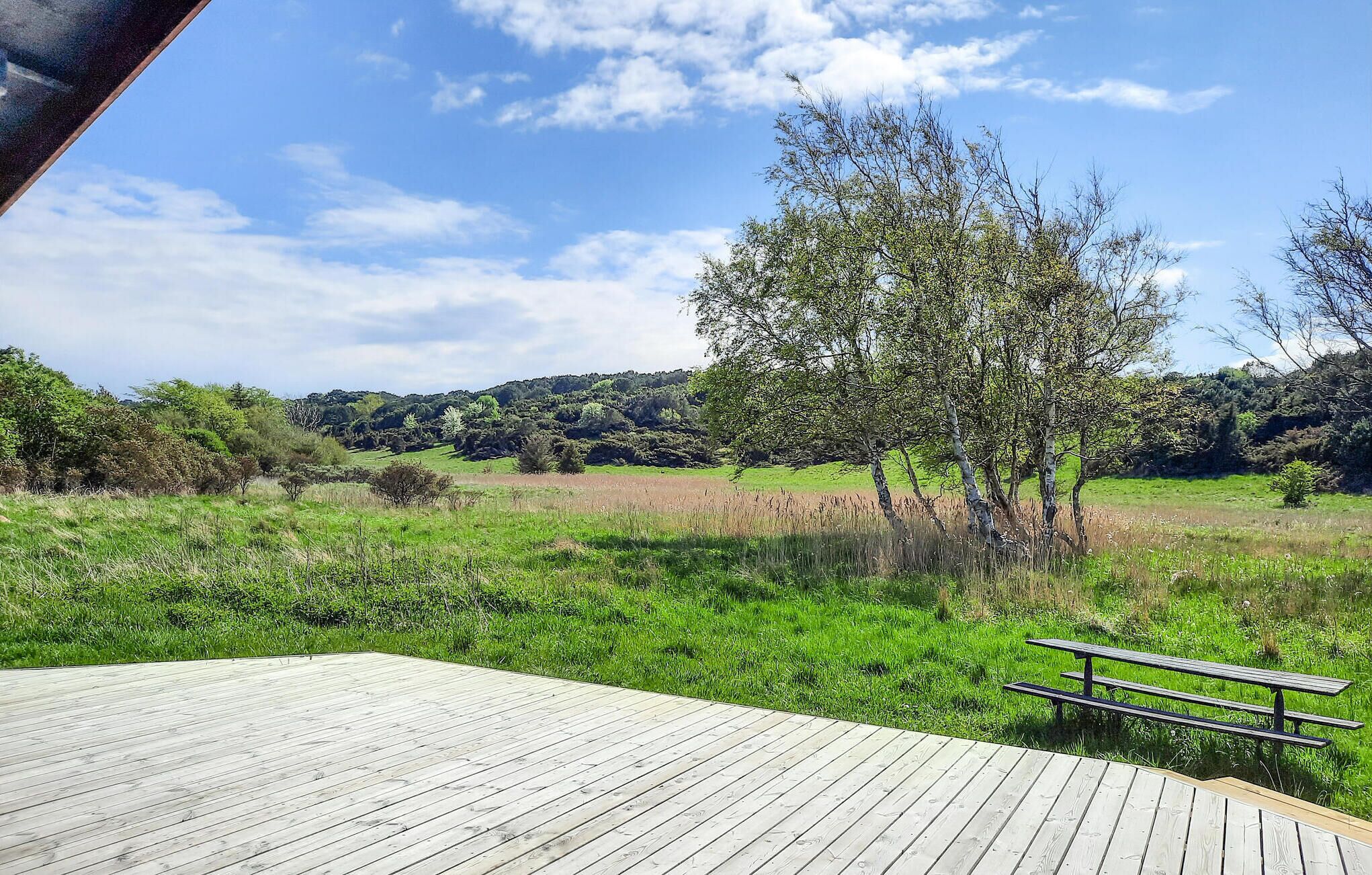 Eine Holzterrasse mit Picknicktisch, umgeben von üppigem Grün und Bäumen.