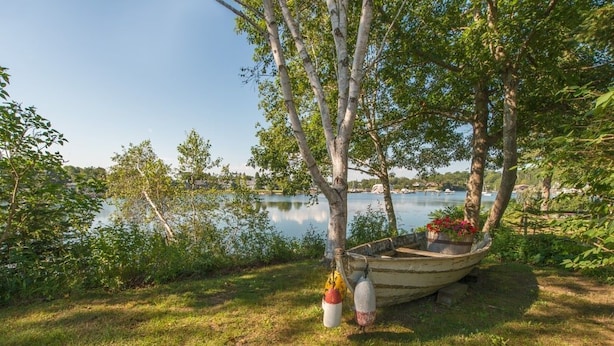 En båt låg förtöjd nära ett grönområde med träd och en sjö i bakgrunden.