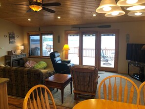 Televisie, een open haard, videospelletjes en een dvd-speler