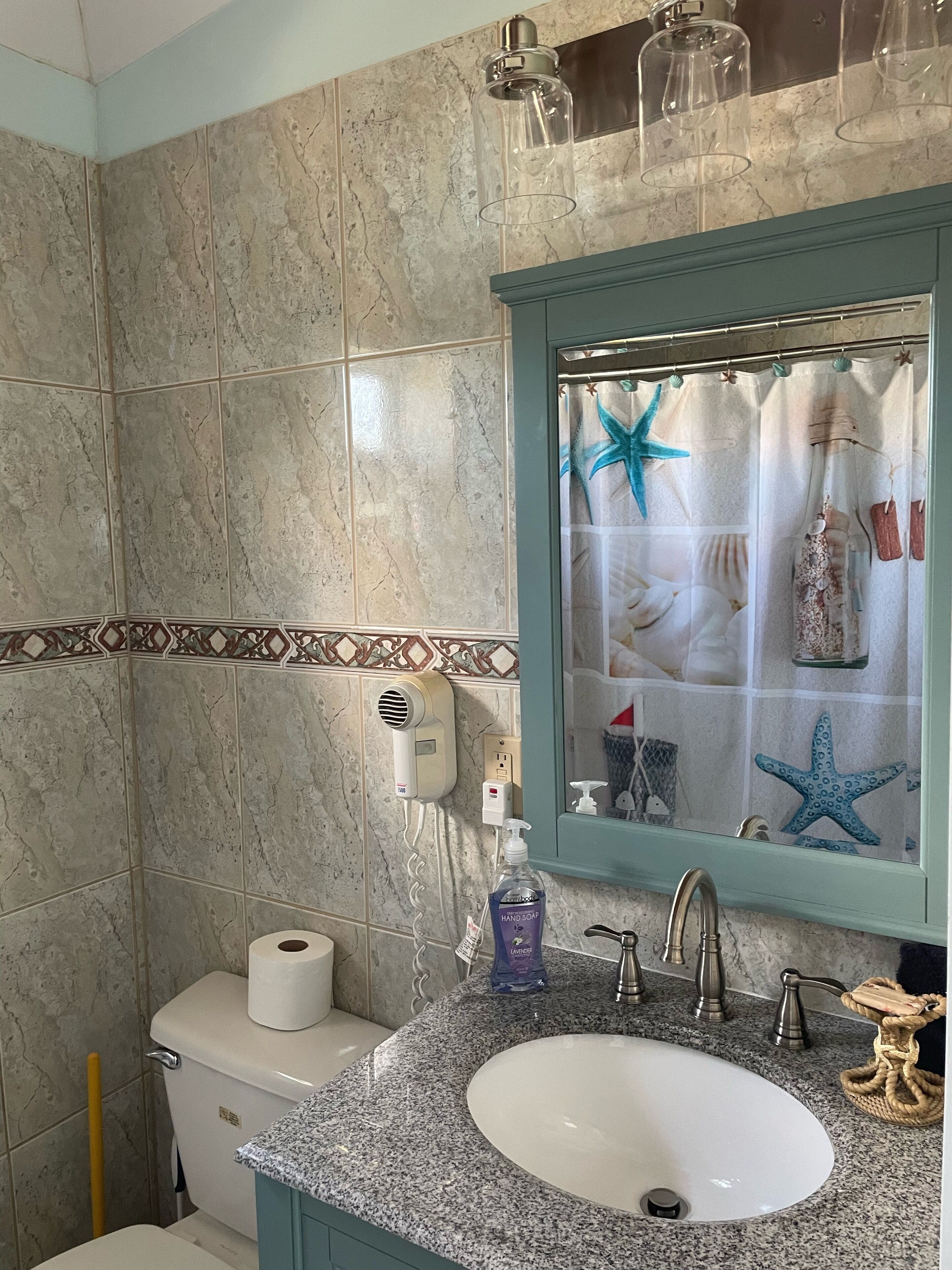 Een badkamer met een wit wastafel, toilet en douchegedeelte. Er is een handdoekhouder, een zeepdispenser en een haardroger aan de muur.