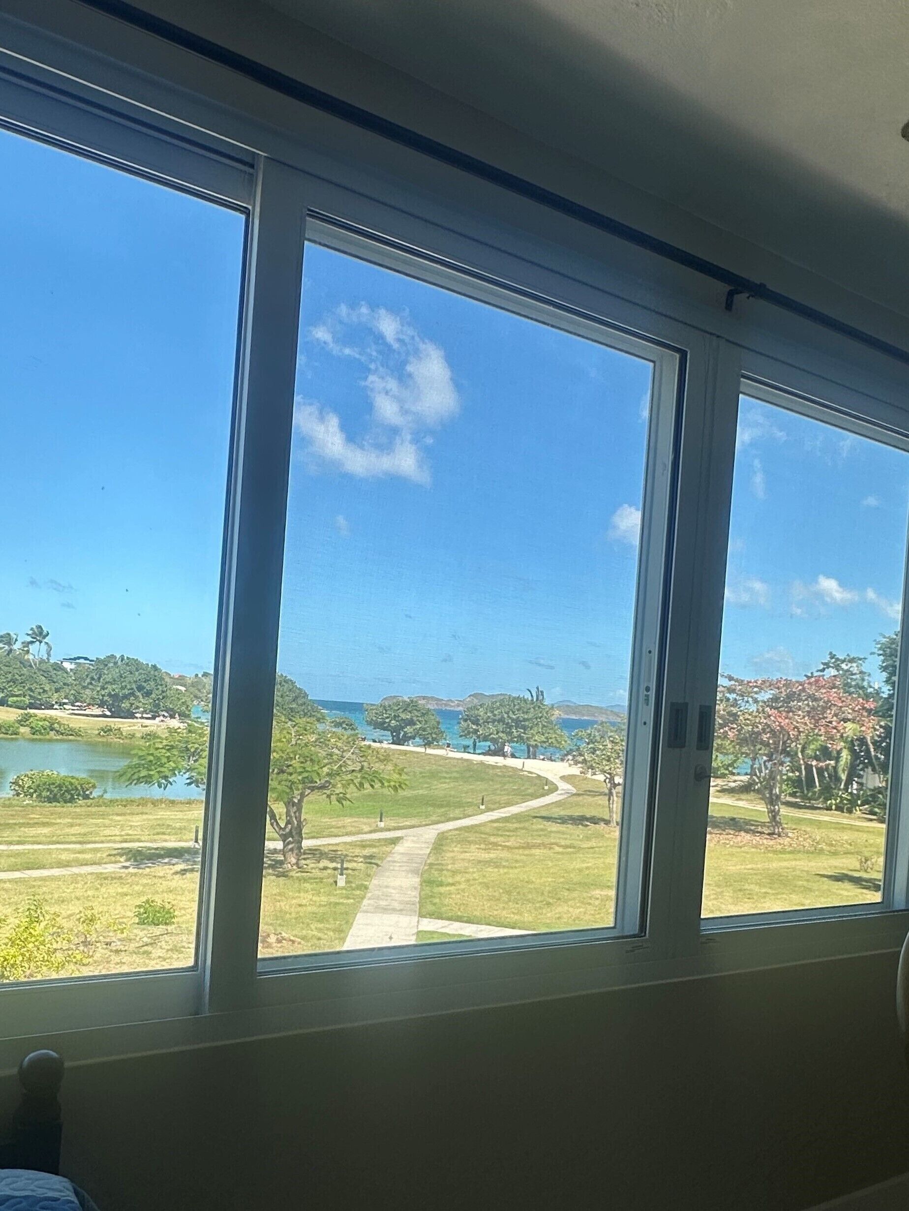 A room with large windows overlooking a grassy area with a pathway and trees.