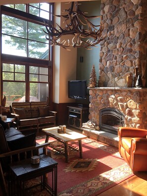 Smart TV, fireplace, books, stereo