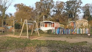 Een rustieke omgeving buiten met een schommel, een klein houten gebouwtje en een kleurrijke afrastering.