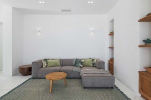 Exclusive Villa, 3 Bedrooms, Private Pool, Beach View | Living area | 52-inch Smart TV with satellite channels, TV, streaming services
