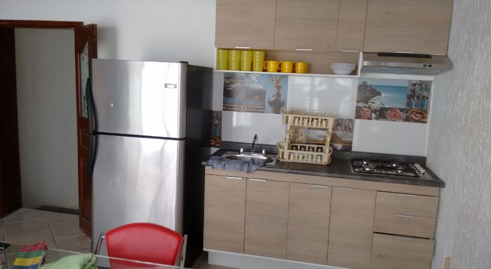 Fridge, microwave, blender, cookware/dishes/utensils