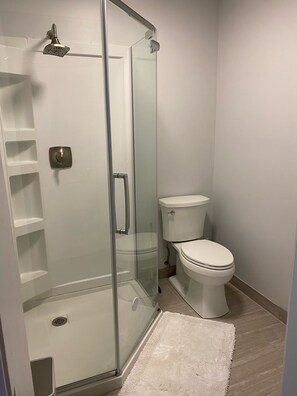 A modern bathroom with a glass-enclosed shower, a toilet, and a white rug on the floor.