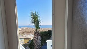 Une porte donnant sur une terrasse en bois et un palmier, et menant à un balcon.