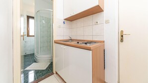 Una cocina compacta con estufa integrada, un lavamanos y una zona de ducha con puerta de vidrio.