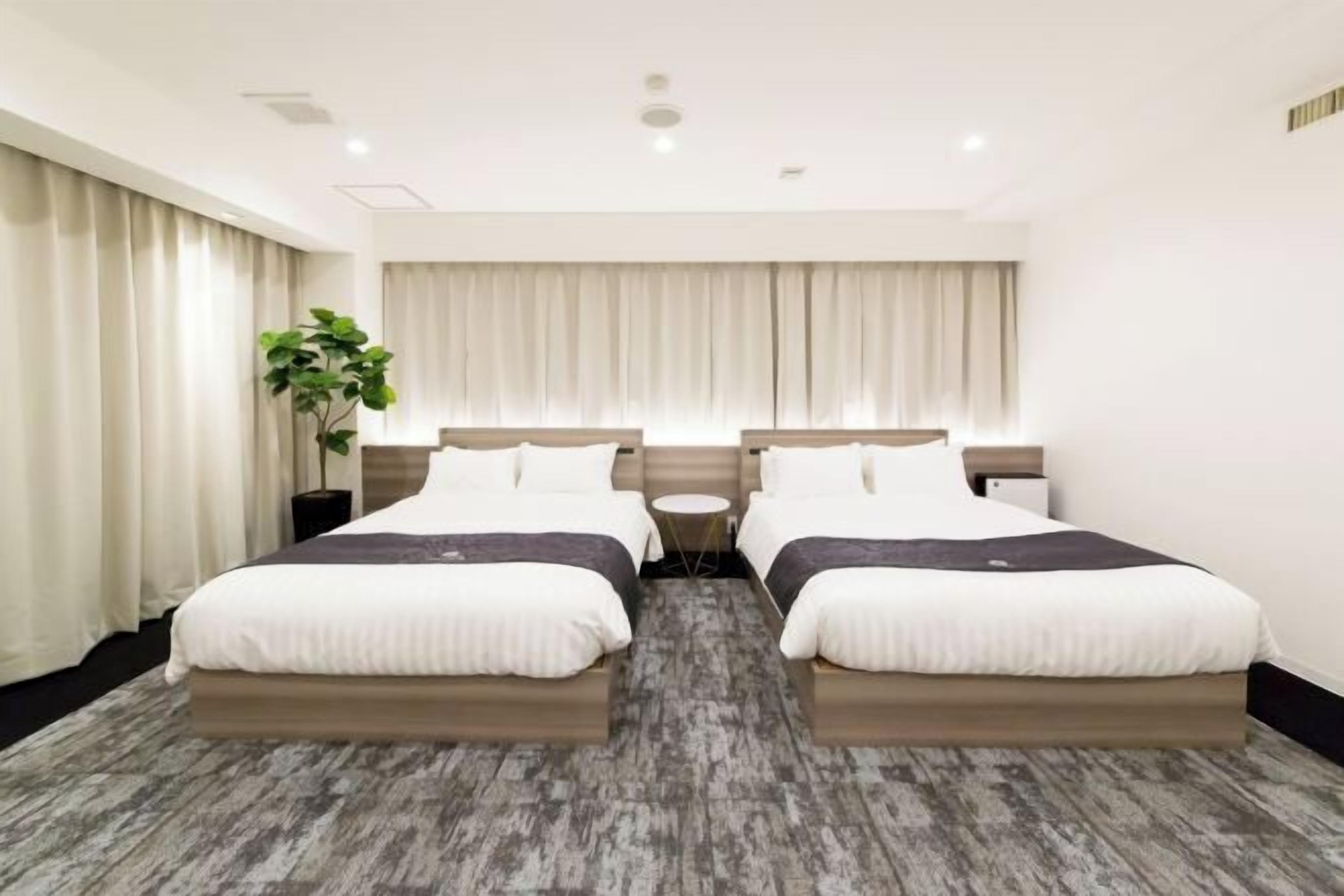 Down comforters, desk, laptop workspace, blackout drapes