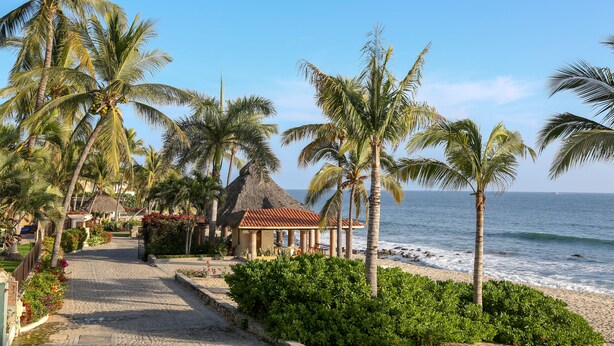 A beachside pathway lined with palm trees leading to a thatched-roof structure. - Beachfront Villa Casa Mar de Grecia 2 (Punta de mita)