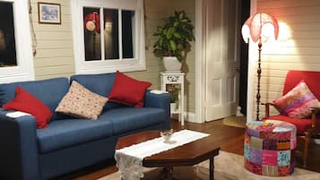 Smart TV, fireplace, DVD player, books