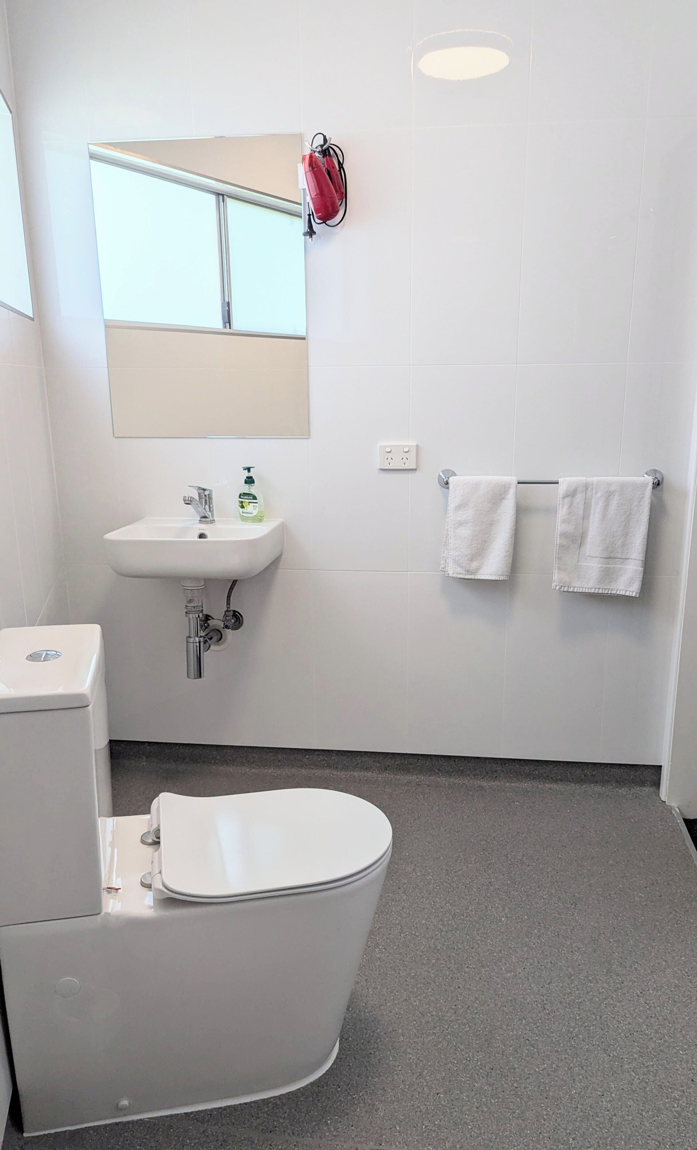Ein modernes Badezimmer mit Toilette, Waschbecken und Spiegel.